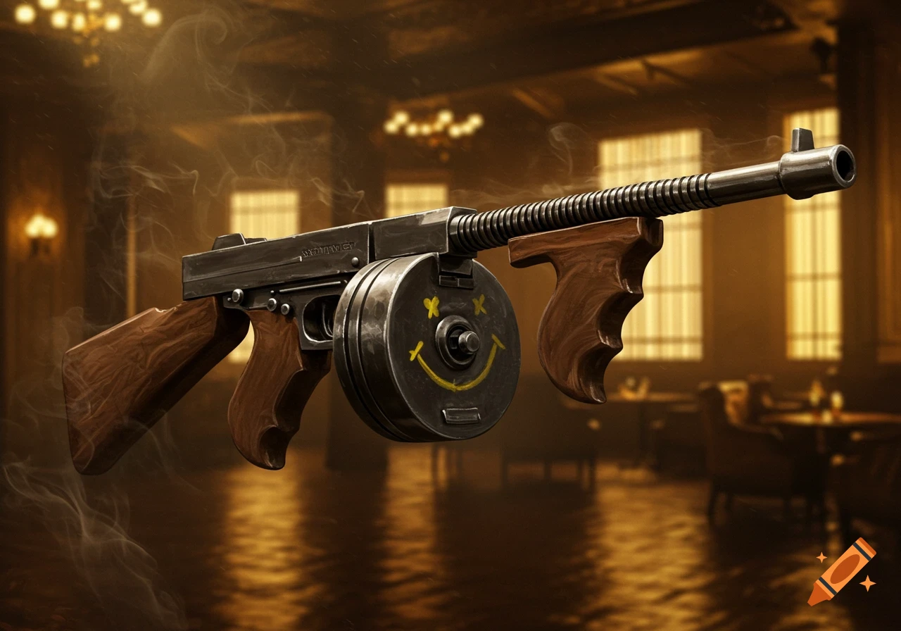 A detailed illustration of a tommy gun with a drum magazine featuring a yellow smiley face, set in a dimly lit, vintage room.