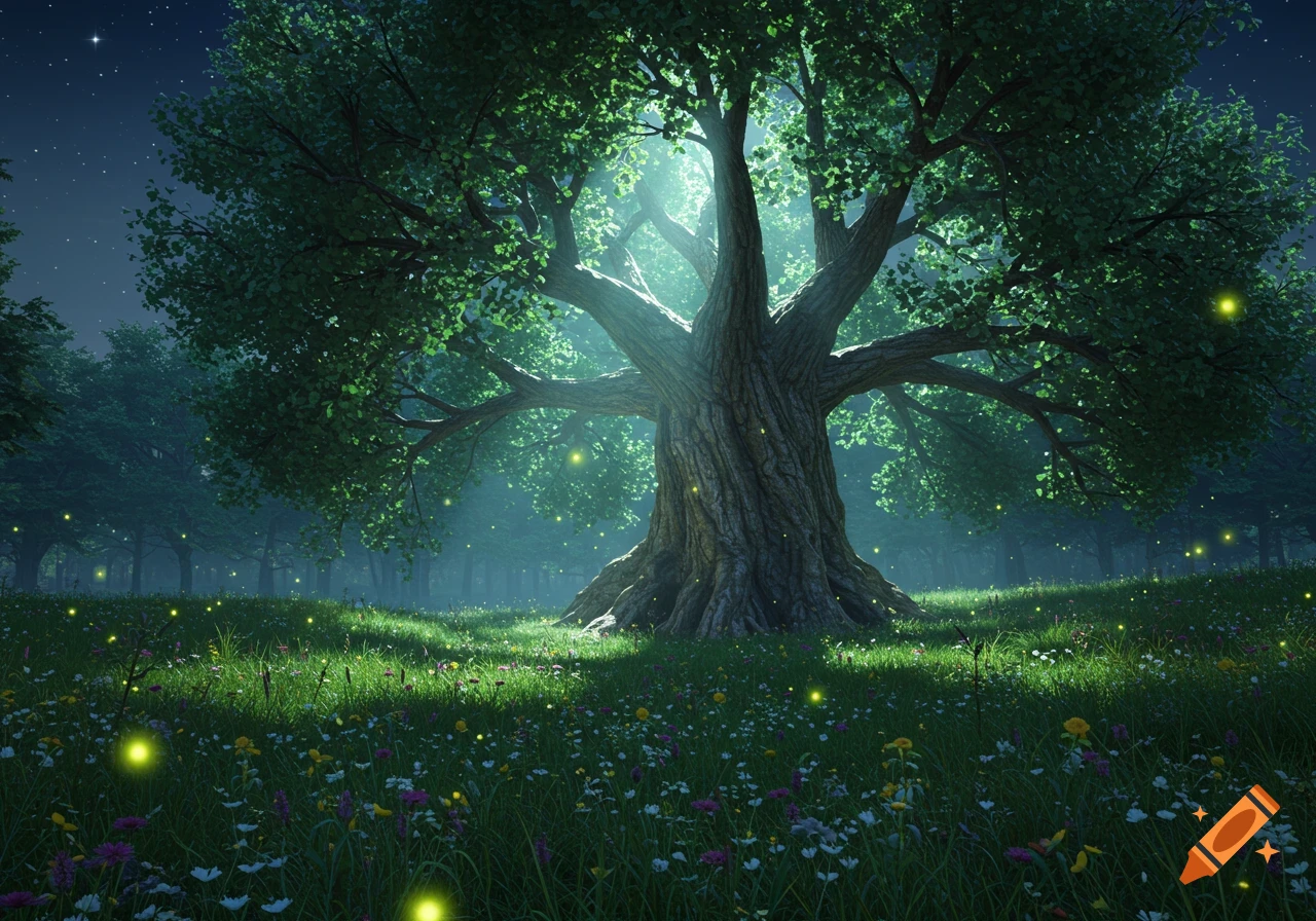 A large, ancient tree stands in a moonlit forest glade filled with glowing fireflies and colorful wildflowers at night.