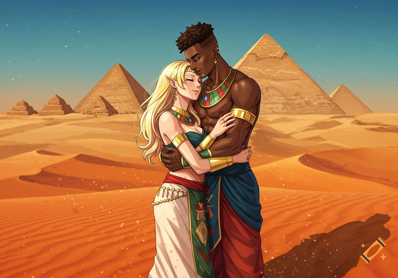 An anime-style elf woman and a man in ancient Egyptian-inspired attire embrace in a desert with pyramids.