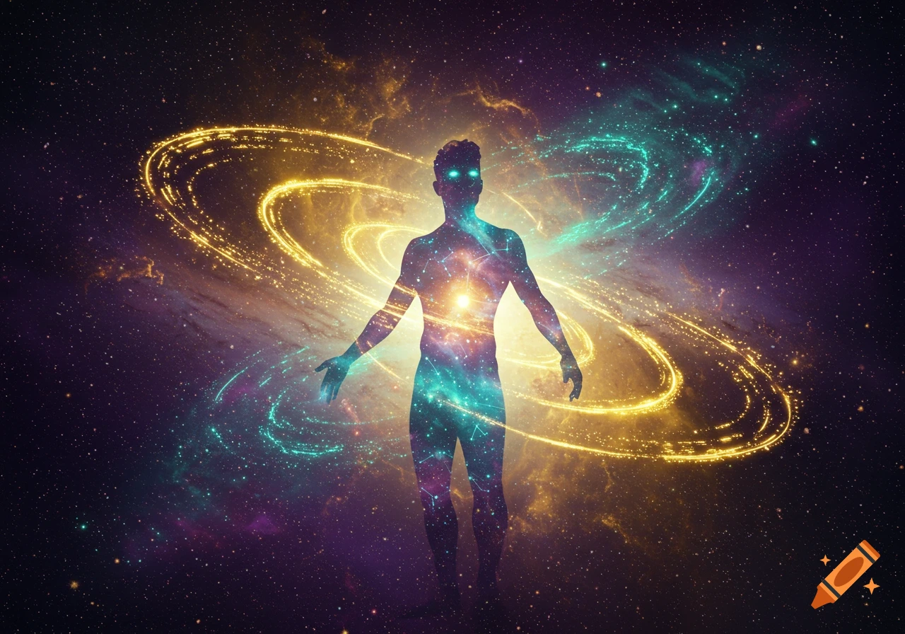 A glowing silhouette of a human-like figure composed of stars and galaxies, surrounded by swirling gold and teal light in space.