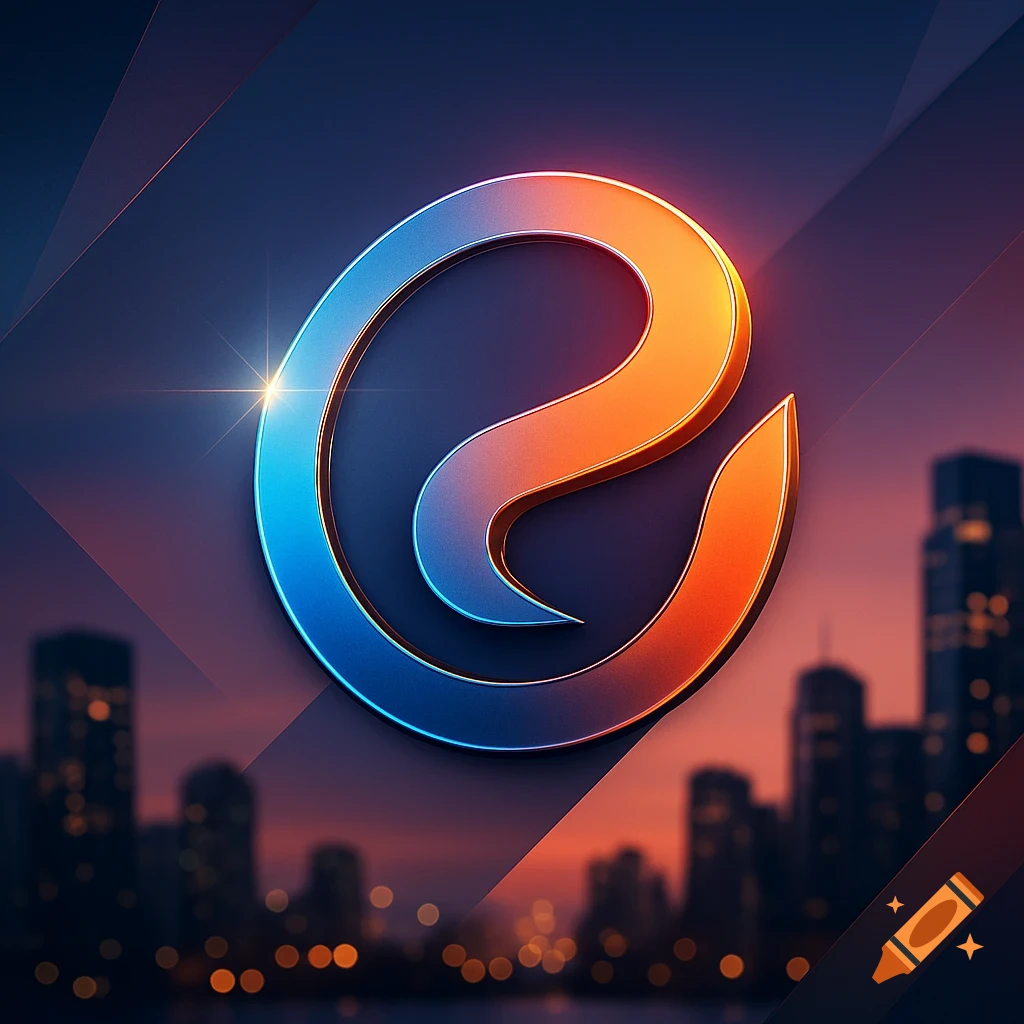 A stylized blue and orange metallic letter 'e' logo against a blurred city skyline at dusk, digital art.