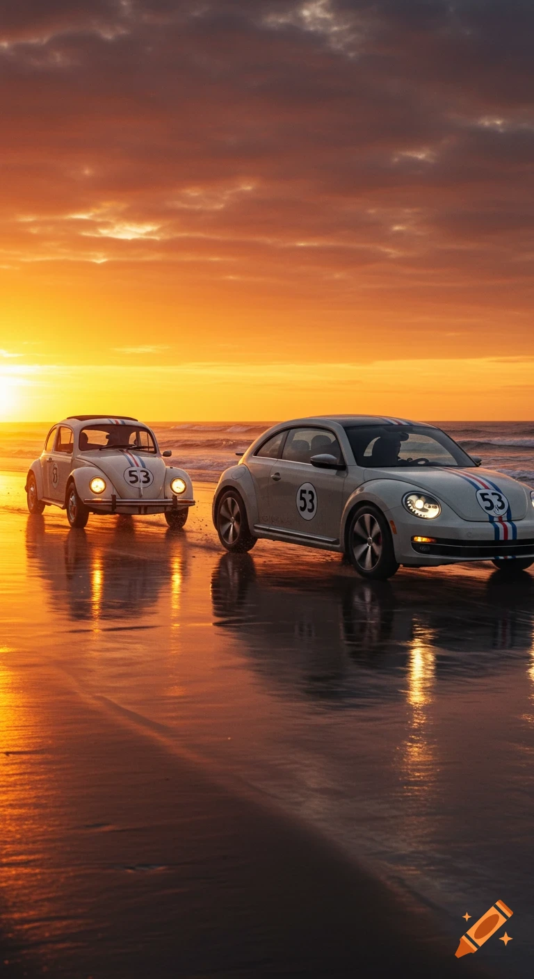 Two Volkswagen Beetles, one classic and one modern, with number 53, race on a wet beach at a fiery sunset.