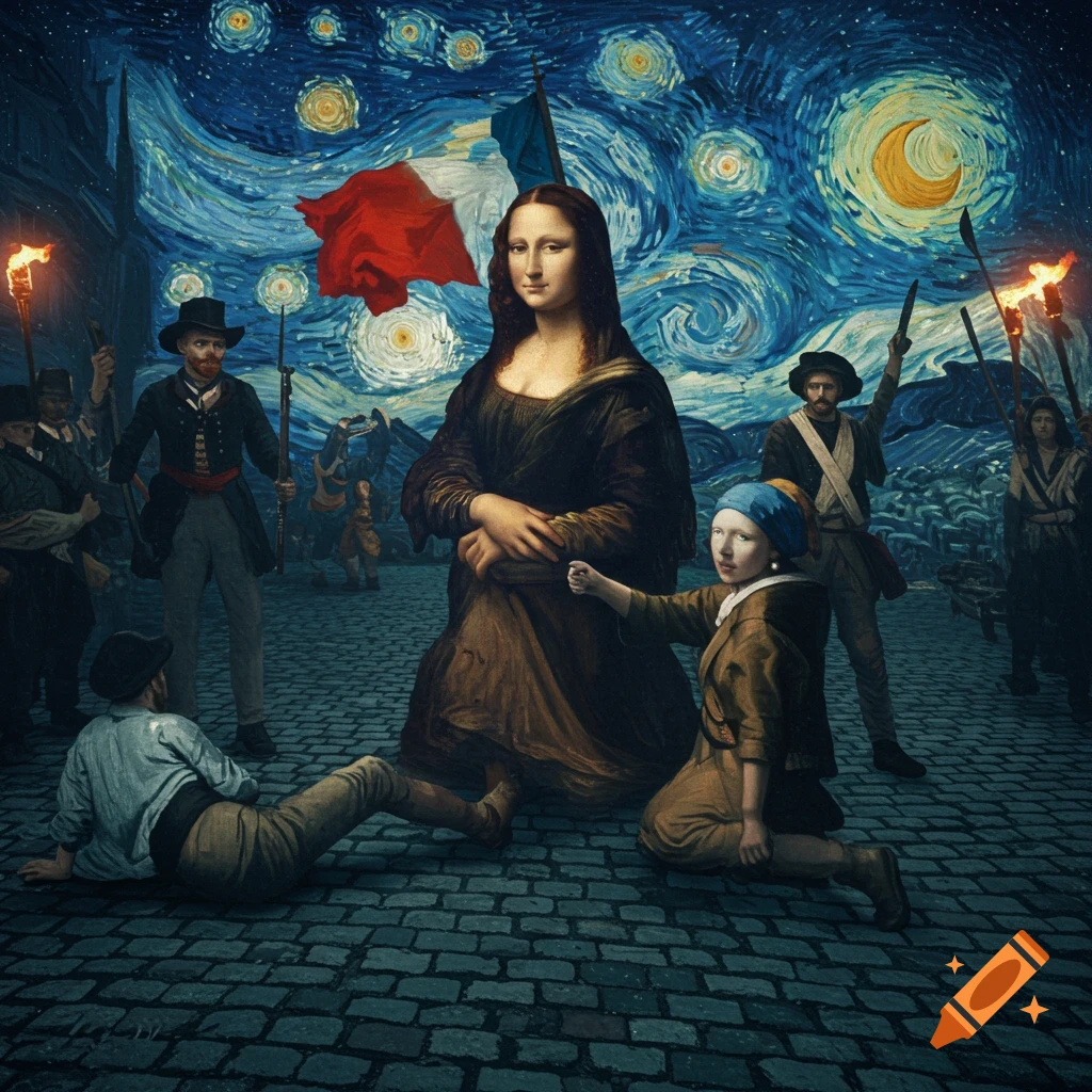 Mona Lisa and Girl with a Pearl Earring lead figures against a Van Gogh starry night sky, inspired by Liberty Leading the People.