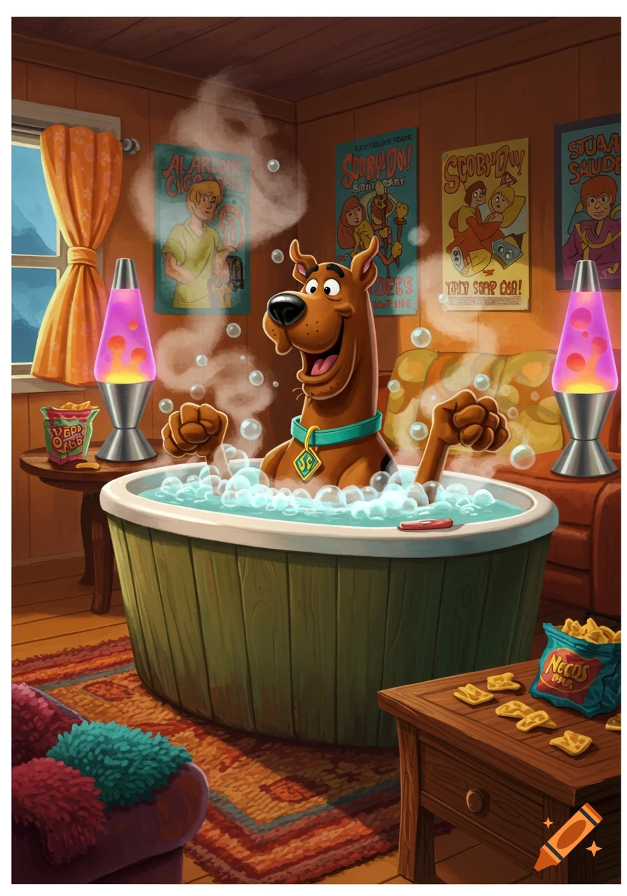 Scooby Doo takes a bubbly bath in a wooden tub, surrounded by lava lamps, snack bags, and posters in a cozy room.