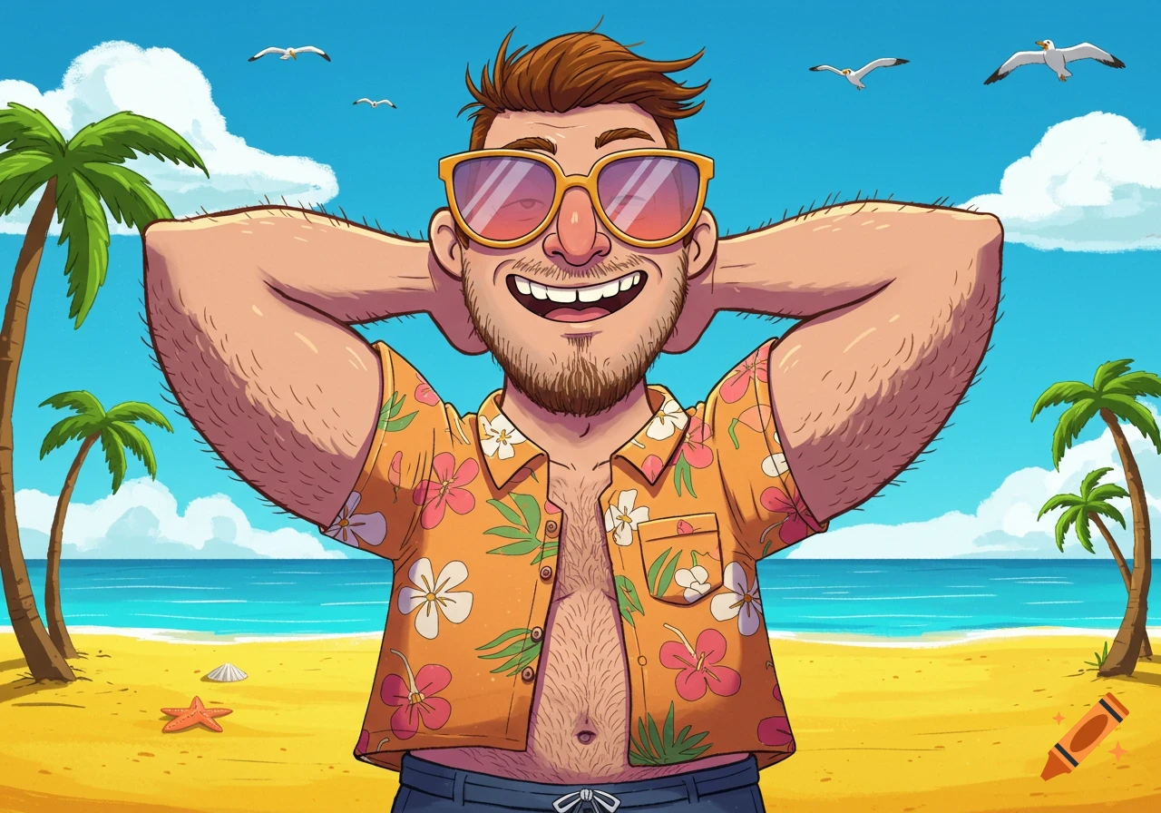 A cartoon man with a beard and sunglasses smiles brightly on a sunny beach, wearing an unbuttoned Hawaiian shirt with palm trees and seagulls.