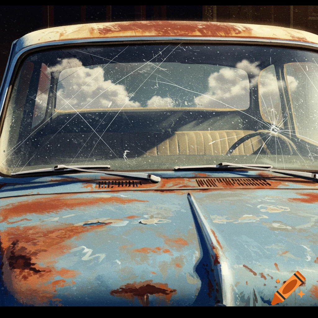 Front view of a rusty blue vintage pickup truck with a cracked windshield reflecting clouds.