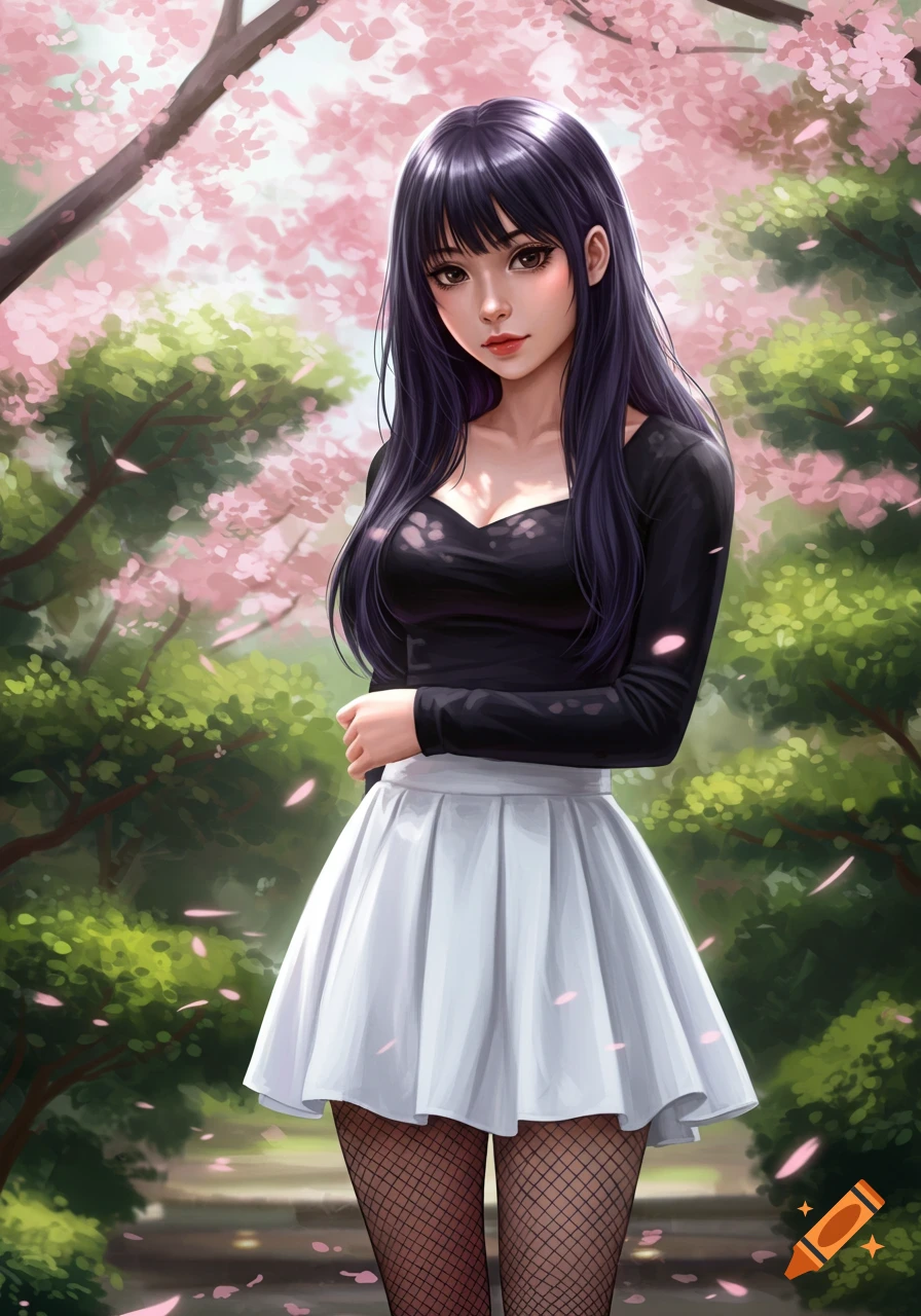 An anime girl with long black hair, a black long-sleeved top, white pleated skirt, and fishnet stockings stands in a cherry blossom garden.