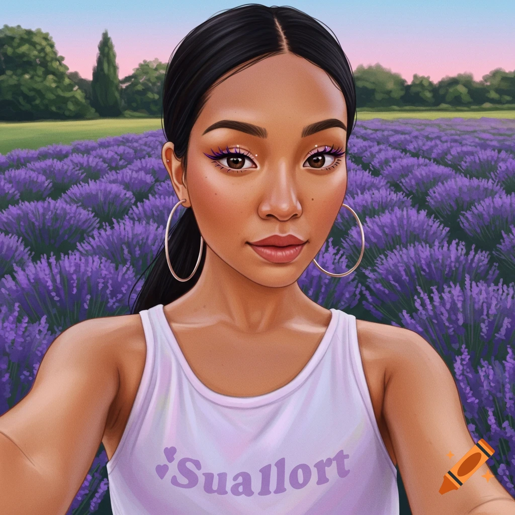 Stylized portrait of a woman with dark hair and hoop earrings in a lavender field, wearing a white tank top.