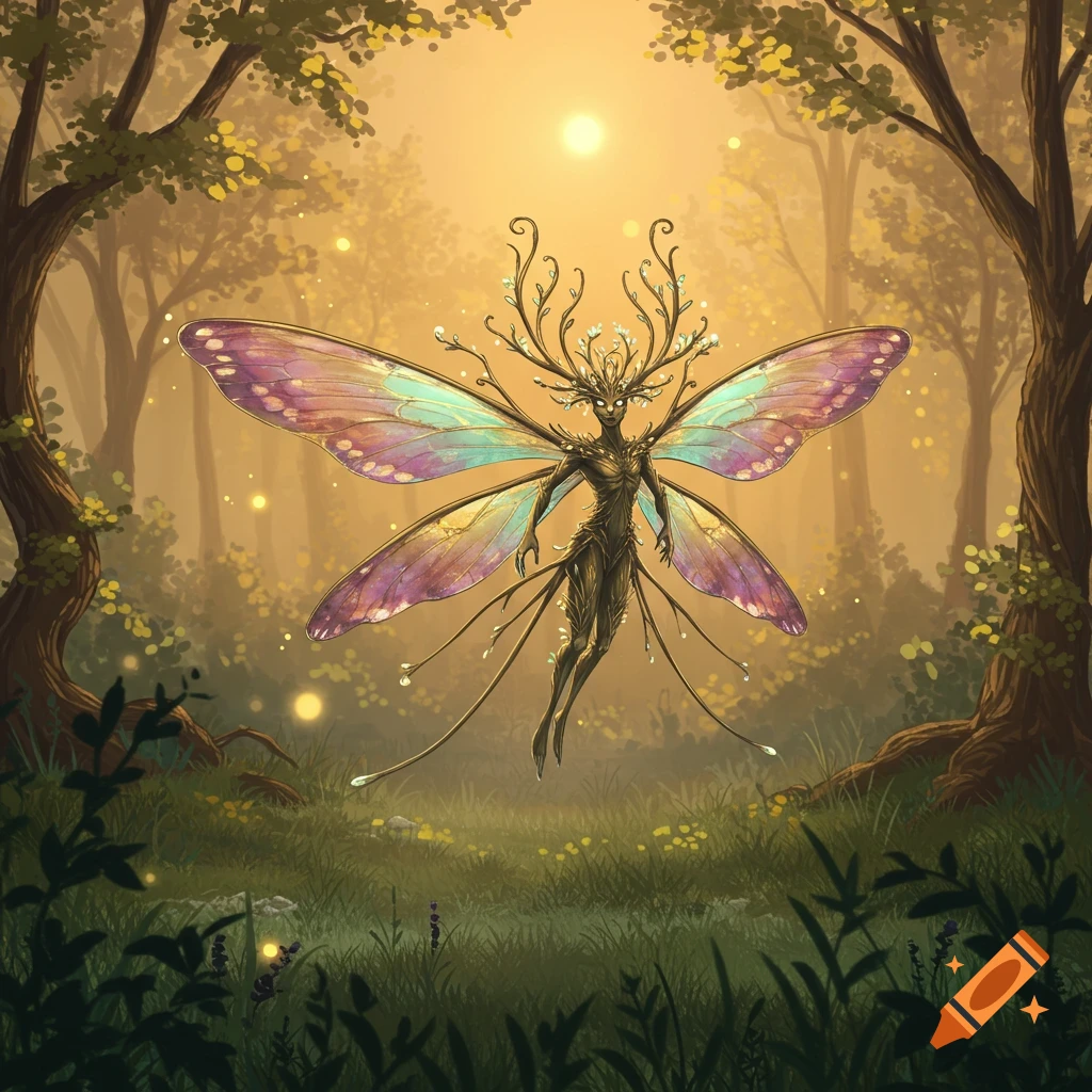 A luminous, antlered fairy with iridescent wings floats in a sunlit, ethereal forest surrounded by glowing fireflies.