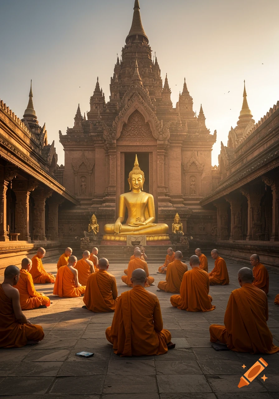 Photorealistic scene of monks in saffron robes meditating around a golden Buddha statue in a serene Buddhist temple courtyard at sunrise.