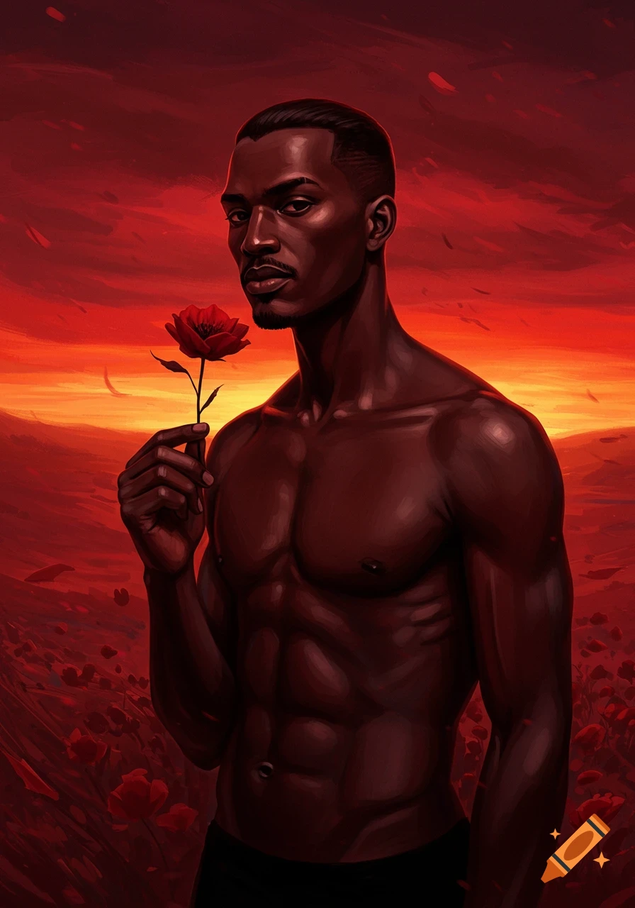 Dark-skinned man holding a red rose, standing shirtless in a red landscape under a red sky. Digital painting style.