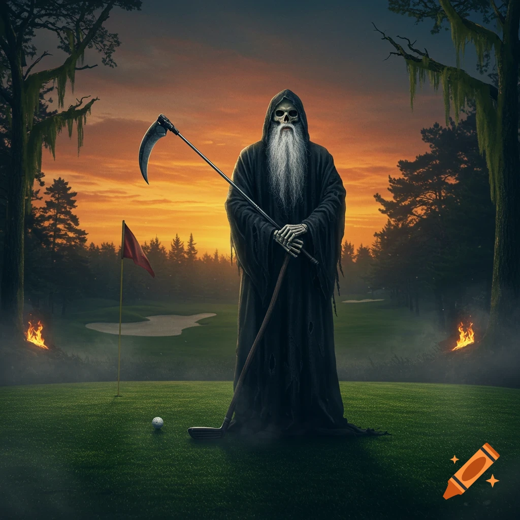 A Grim Reaper with a white beard stands on a golf course at sunset, holding a scythe and a golf club next to a ball and flag, with fires in the background.