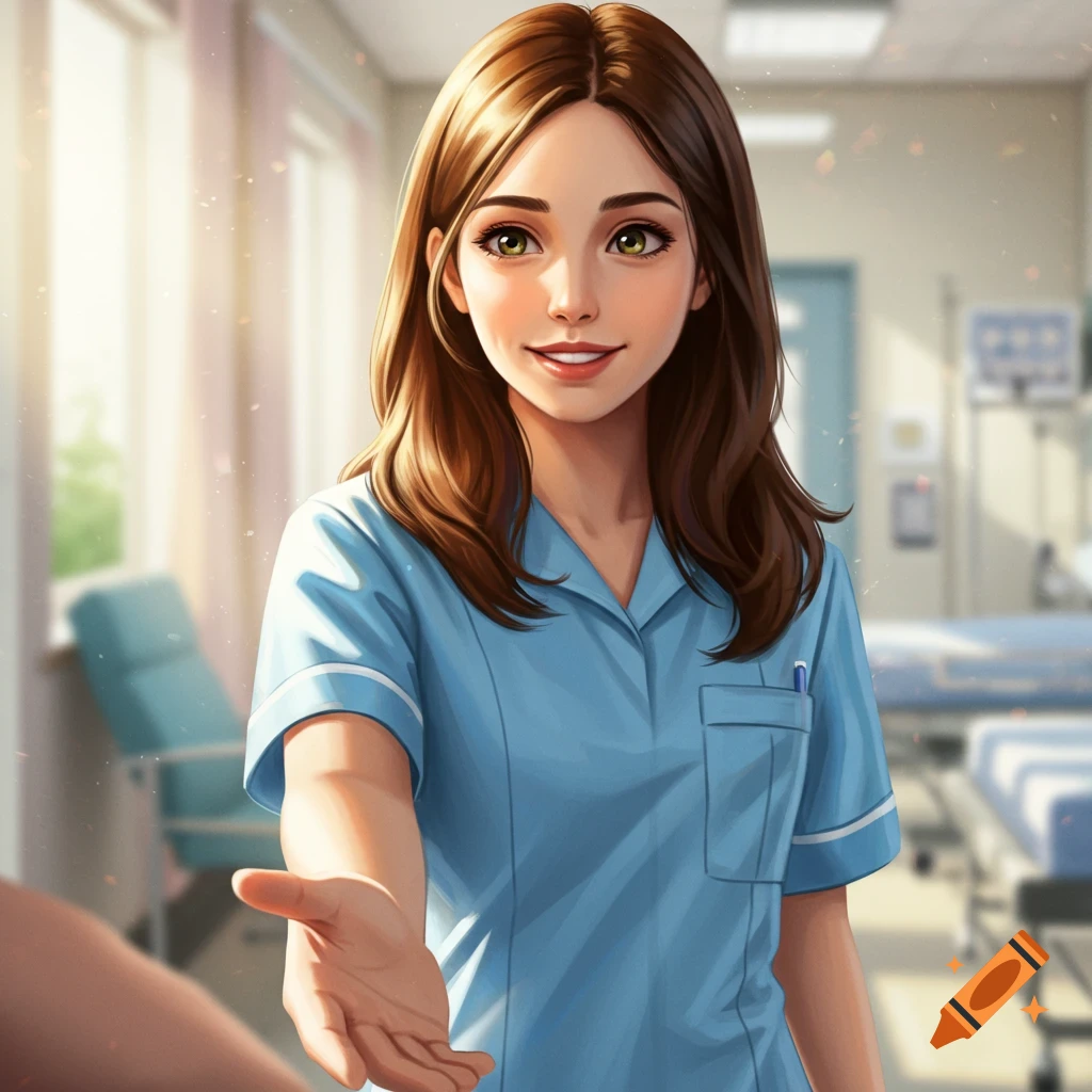 A friendly animated nurse with brown hair in a blue uniform extends her hand in a sunlit hospital room.