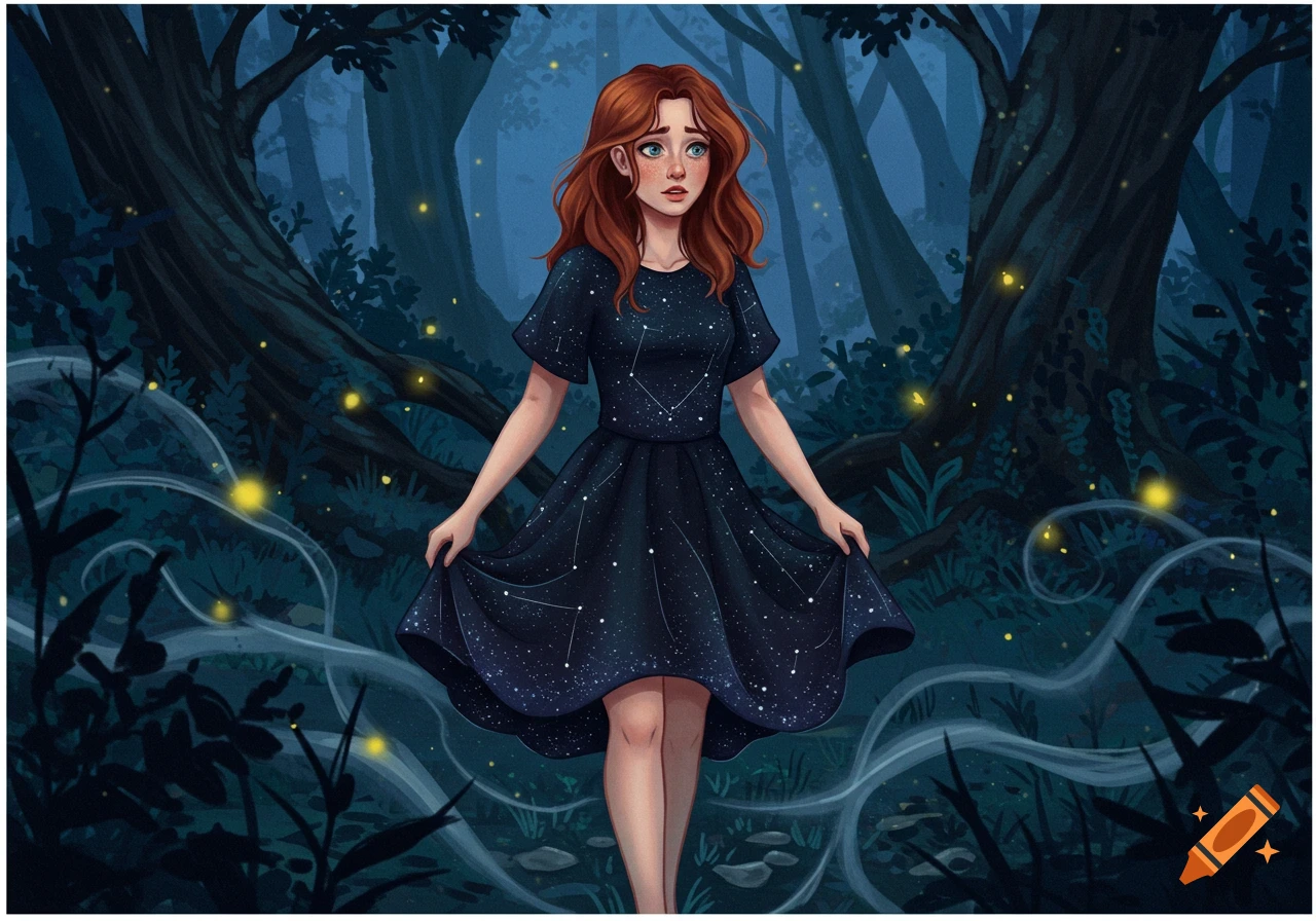 Red-haired woman in a constellation dress stands in a dark, magical forest with glowing fireflies, illustration.