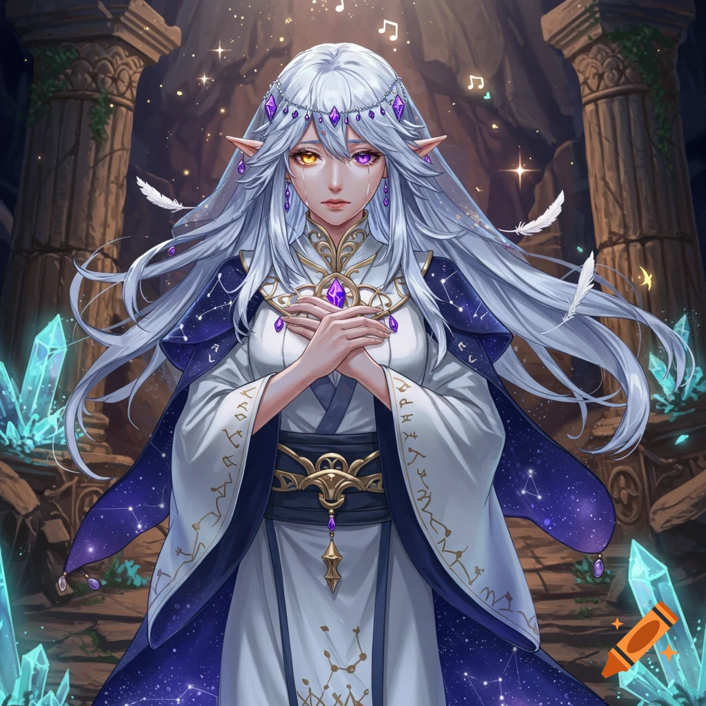 A mystical elf woman with white hair, heterochromia eyes, and a starry cloak, stands in ancient ruins surrounded by glowing crystals.