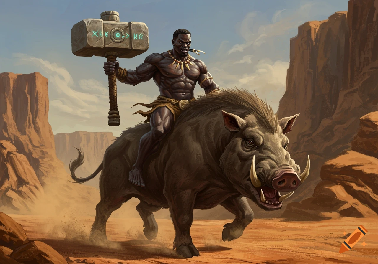 A muscular black man rides a wild boar through a desert canyon, holding a large stone hammer with glowing runes.