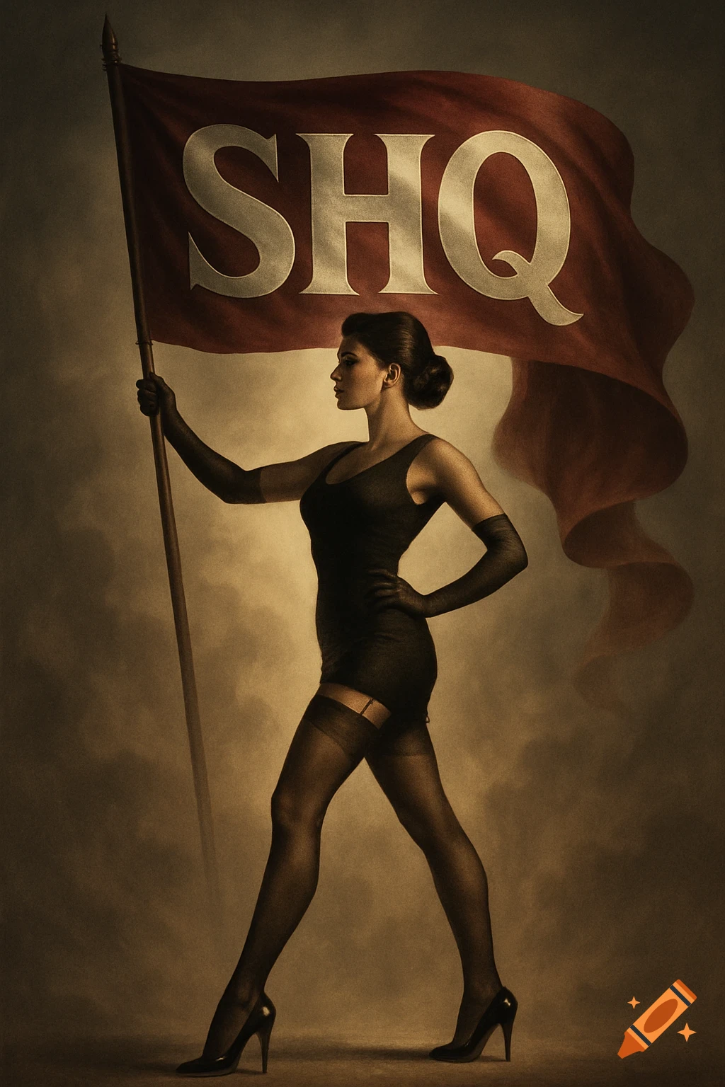 A woman in a short dress, stockings, and high heels holds a flag with 'SHQ' in a sepia-toned art style.