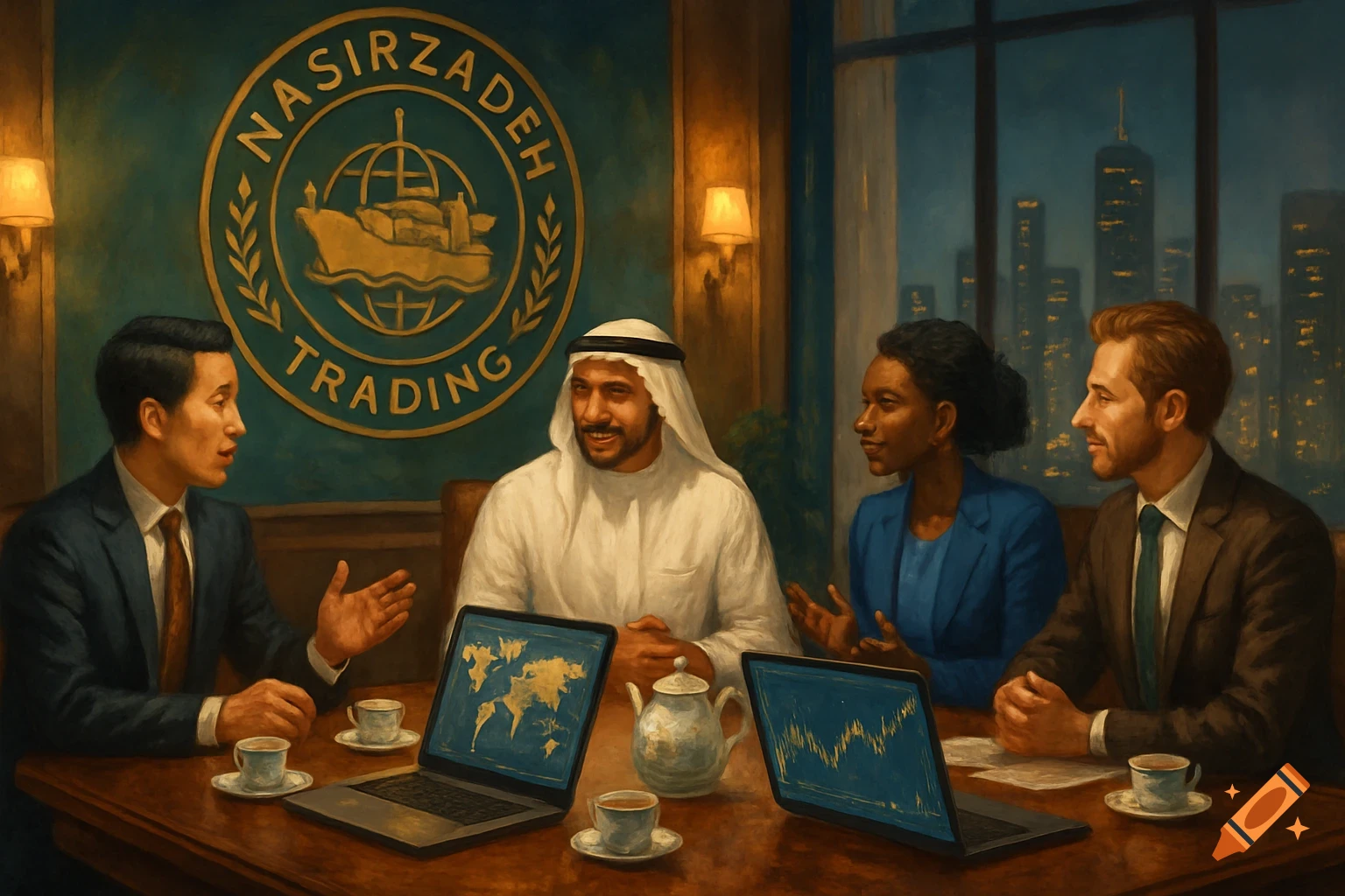 Four diverse business people meet at a large table with laptops and tea, in an office overlooking a city skyline at night, in a painterly style.