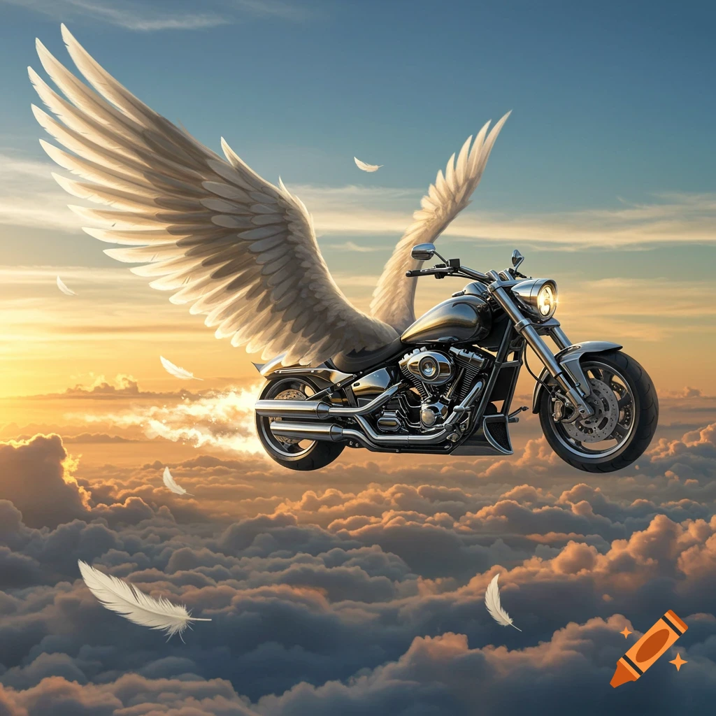 A photorealistic winged motorcycle flies above clouds in a sunset sky.