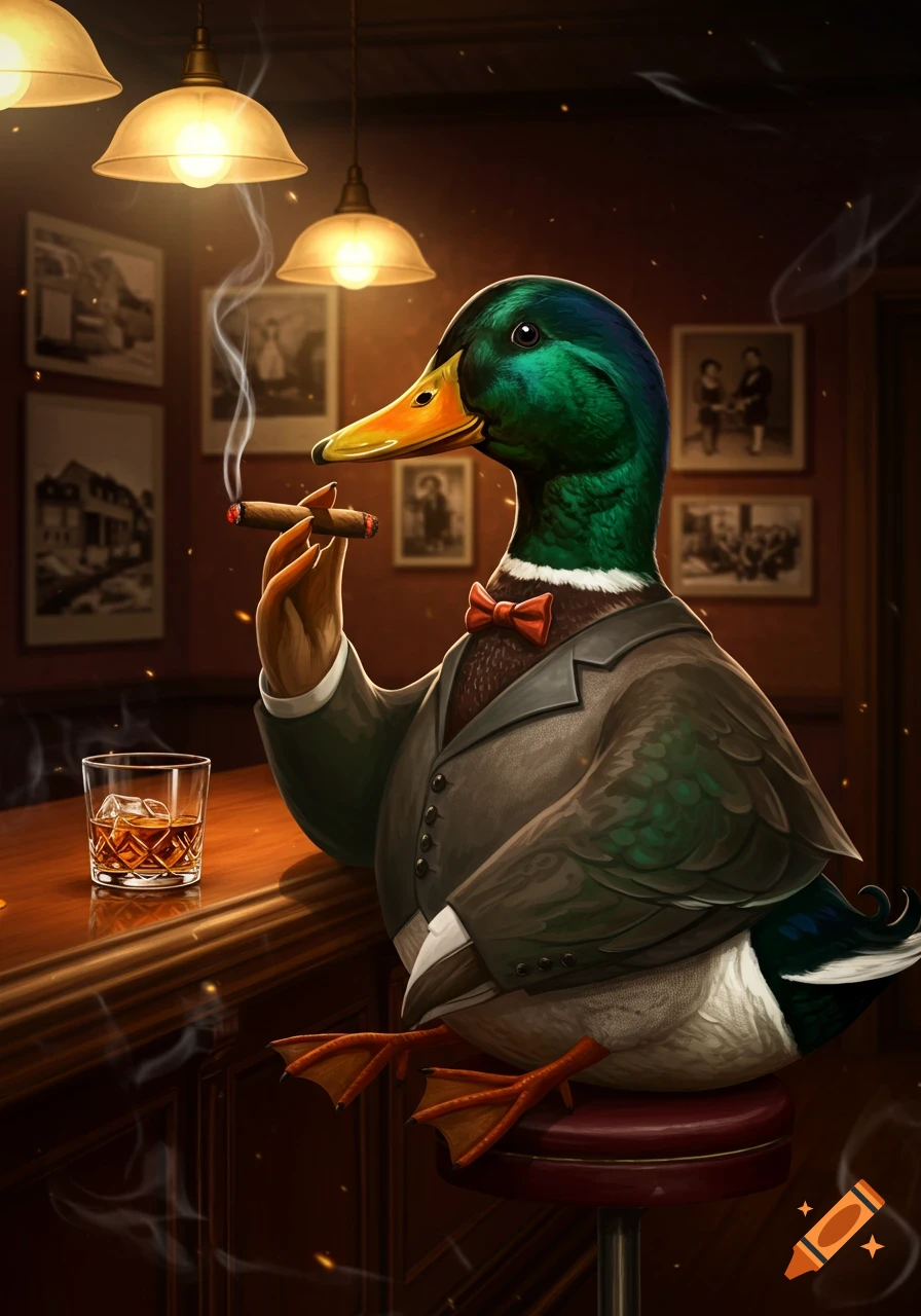 Painting of a mallard duck in a suit at a bar, smoking a cigar with a glass of whiskey.