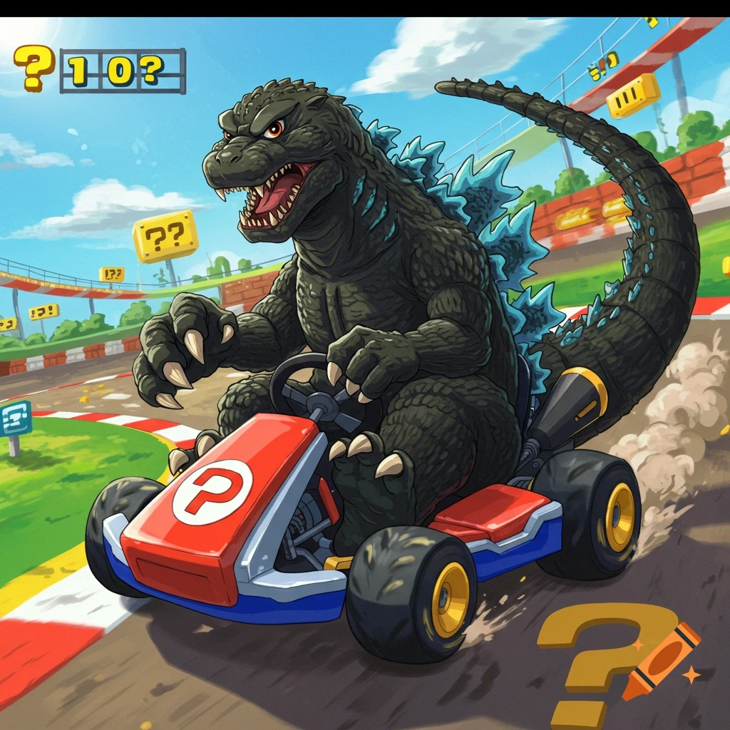 Godzilla drives a red and blue Mario Kart on a vibrant race track, with question mark blocks floating in the background.