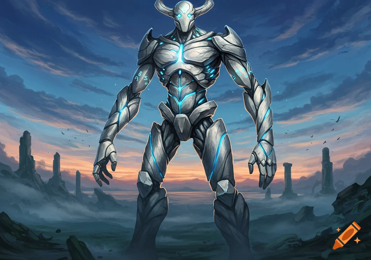 A massive humanoid golem made of silver and white stone with glowing blue accents stands in a misty, ruined landscape under a dramatic sky.