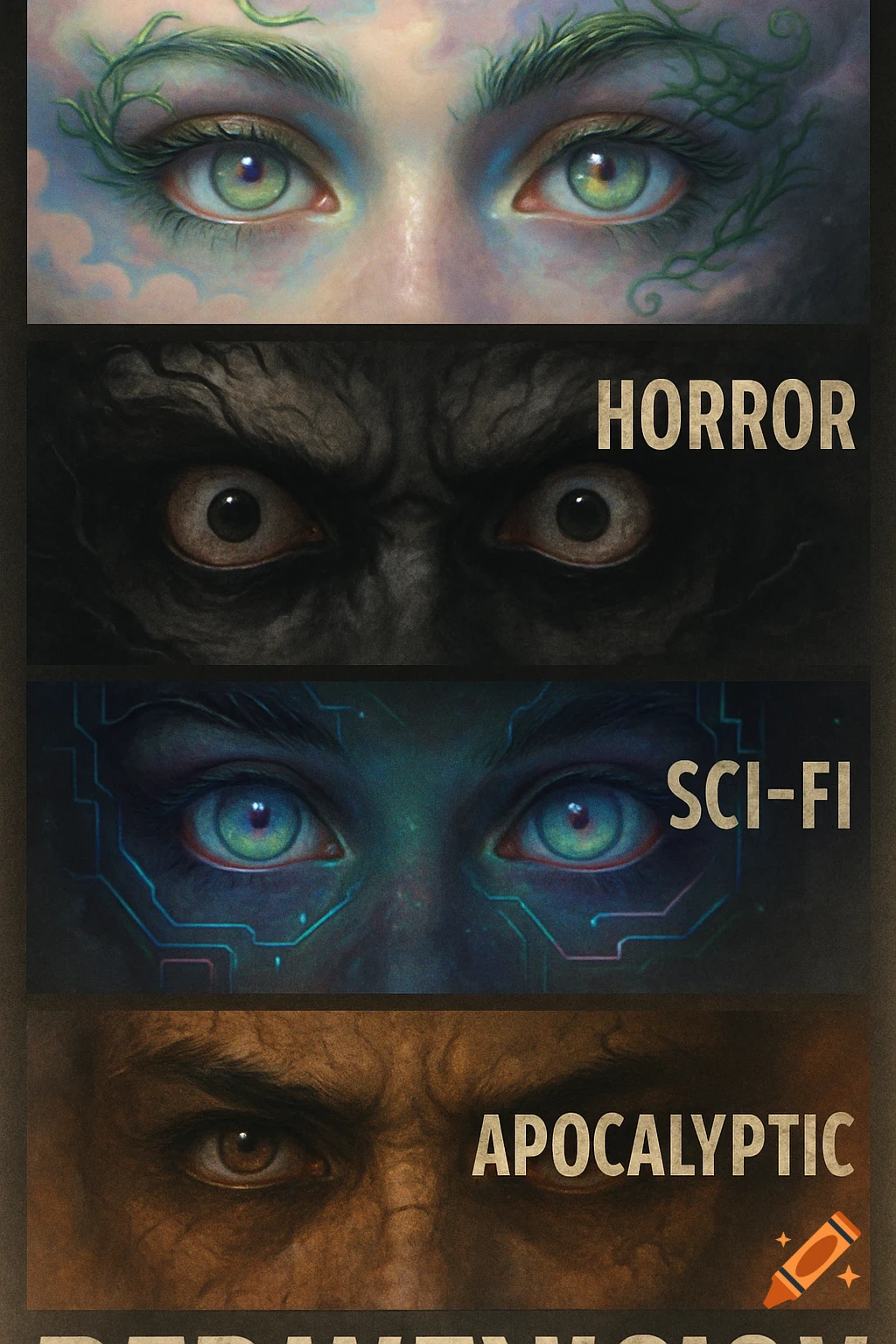 A poster featuring four rows of eyes: green fantasy eyes, dark horror eyes, blue sci-fi eyes, and brown apocalyptic eyes. Text labels 'HORROR', 'SCI-FI', 'APOCALYPTIC' are next to their respective eyes. The title 'BERNIEVISION' is partially visible at the bottom.