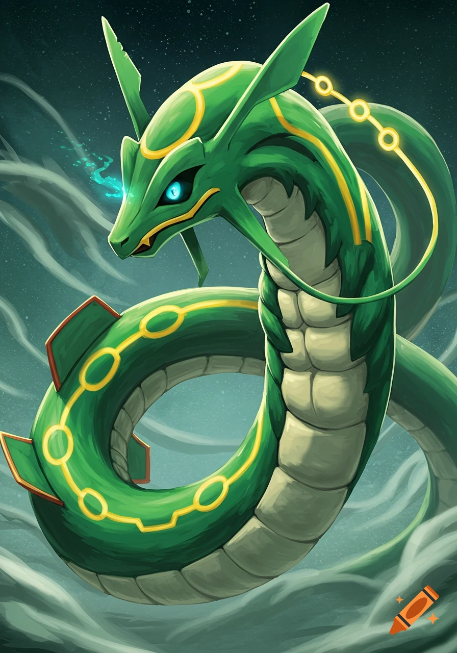 Green serpentine dragon with glowing blue eyes, like Rayquaza, in a dark, cloudy, starry sky. Stylized illustration.