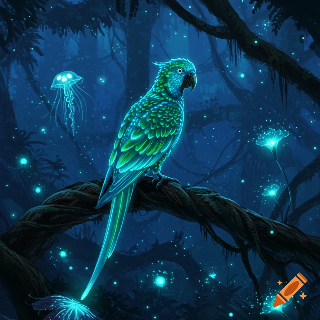 A glowing blue and green parrot perches on a branch in a bioluminescent forest with floating jellyfish and glowing plants.