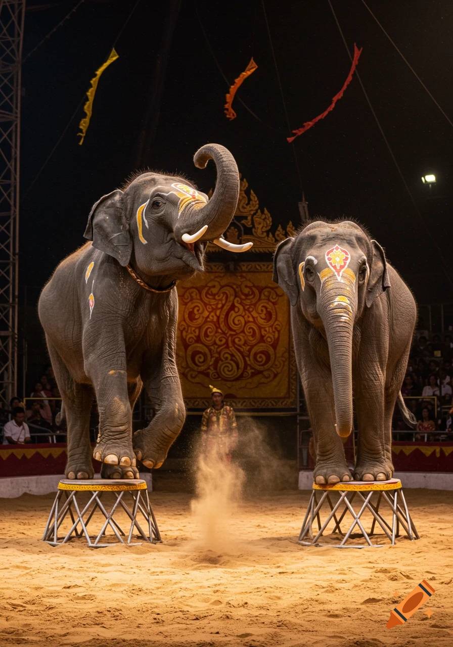 Two decorated elephants perform in a circus ring, standing on pedestals. One elephant raises its trunk, with a handler behind.