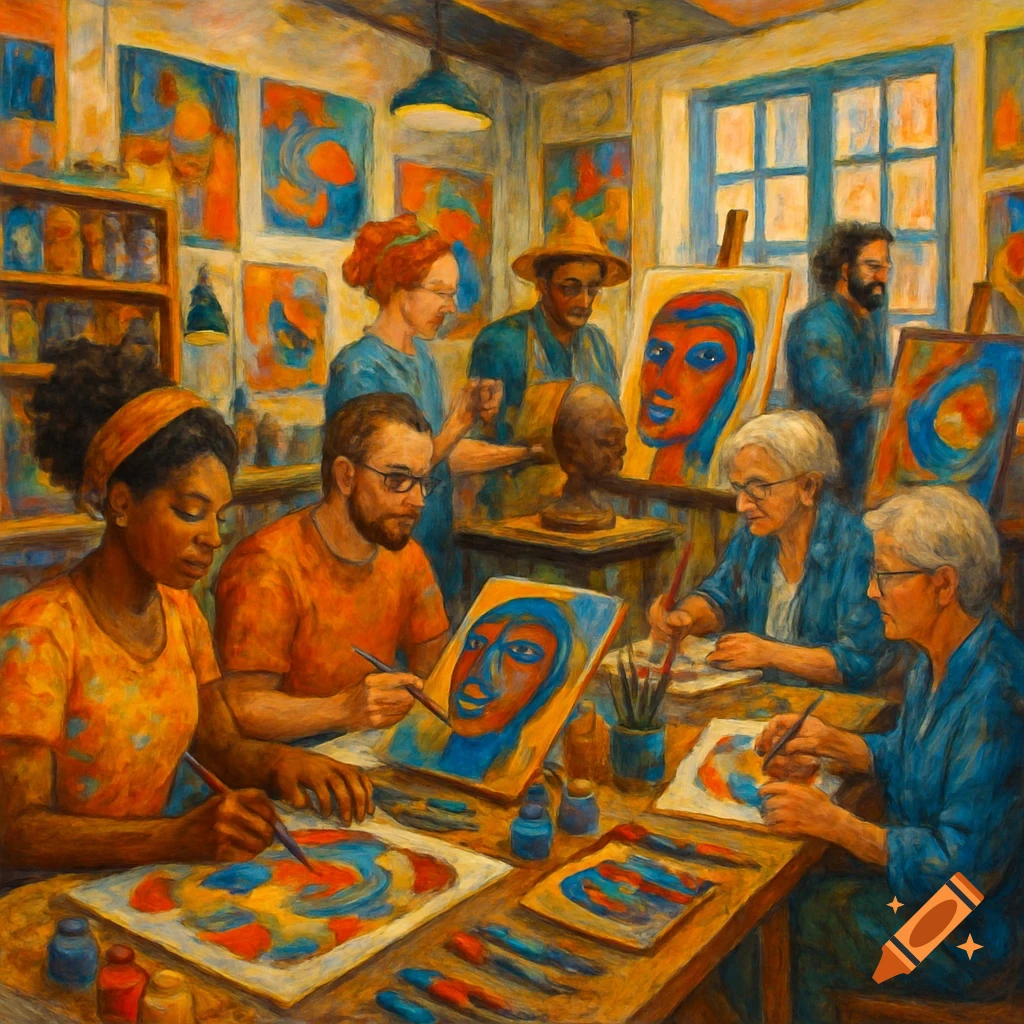 A diverse group of artists of various ages paint colorful portraits and abstract art in a vibrant, impressionistic studio.