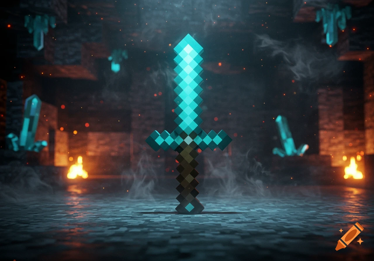 A glowing diamond sword stands upright in a dark, atmospheric Minecraft-style cave with embers and blue crystals.