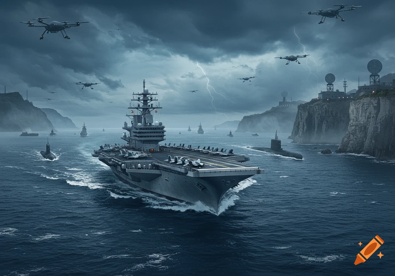 Photorealistic image of an aircraft carrier and submarines sailing through a stormy sea, with drones flying overhead and military bases on rocky cliffs.