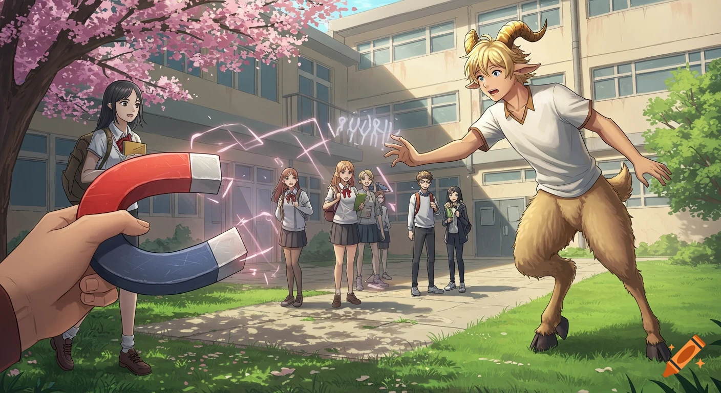 Anime style satyr student repelled by a magnet in a high school yard with human peers and cherry blossoms.