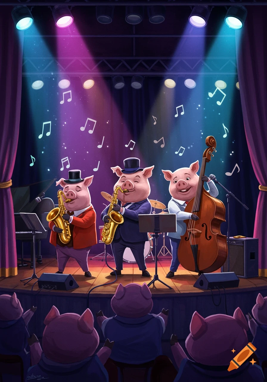 Cartoon pigs playing jazz on a stage with spotlights and an audience. Two pigs play saxophone, one plays double bass.