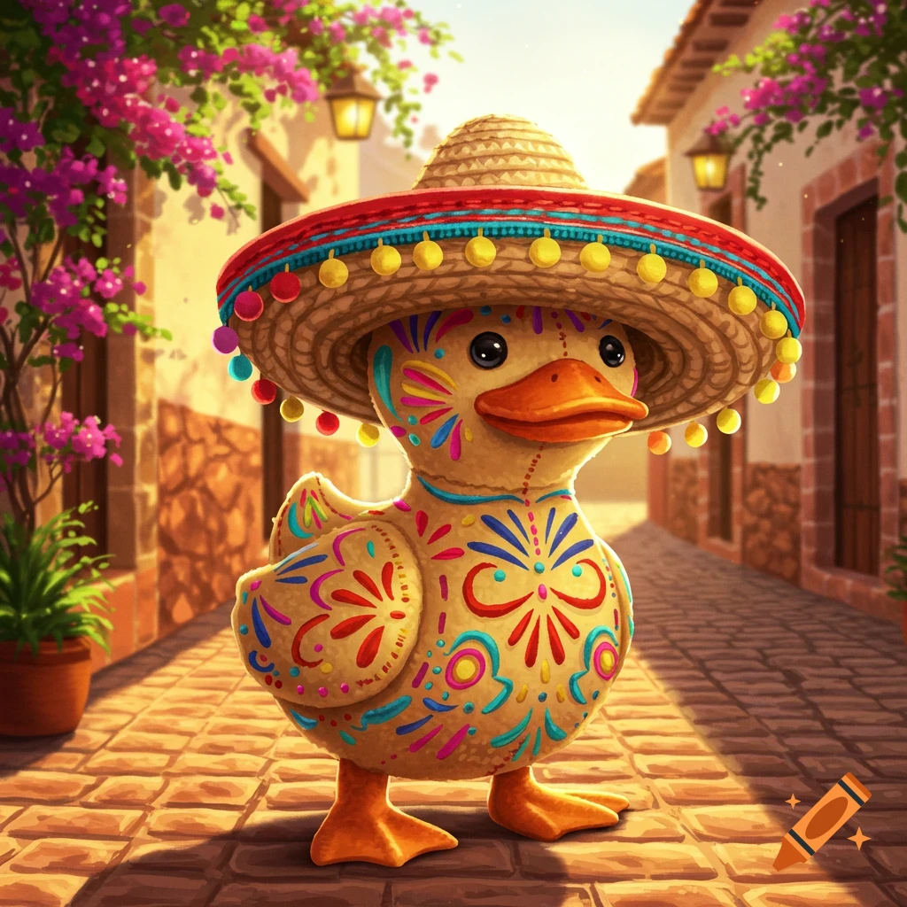 A colorful plush duck wearing a sombrero, embroidered with vibrant patterns, stands on a sunny cobblestone street lined with bougainvillea.