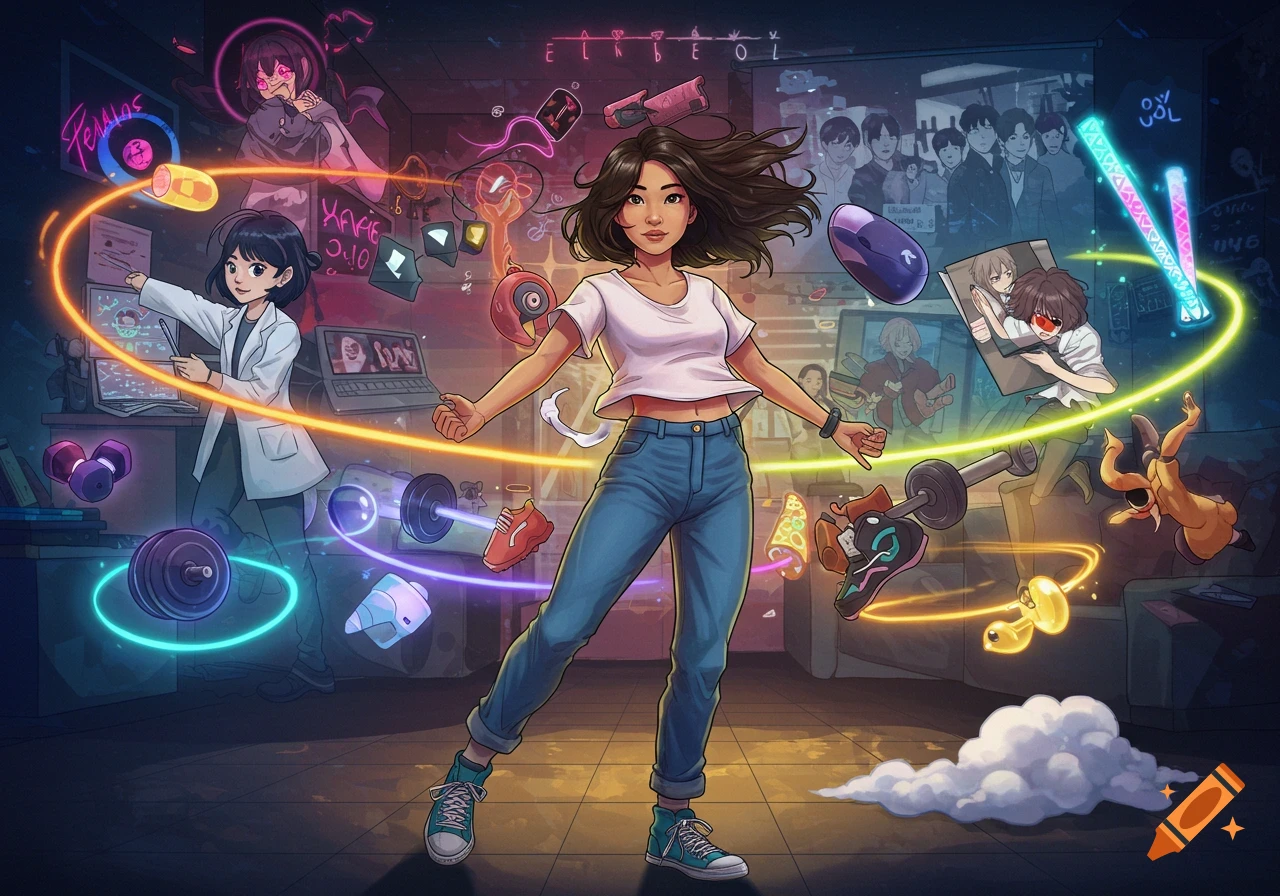 A stylized anime-style illustration of a young woman standing center, surrounded by glowing lines and floating objects representing various hobbies like gaming, science, and fitness.
