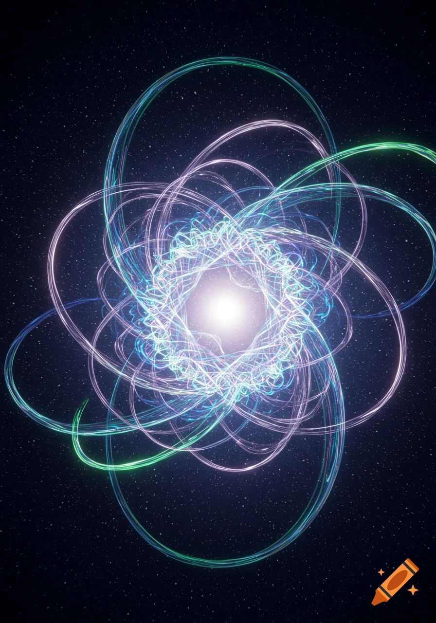 Abstract glowing blue, green, and purple light forms intricate swirling patterns against a dark, star-filled space background, radiating from a bright central point.