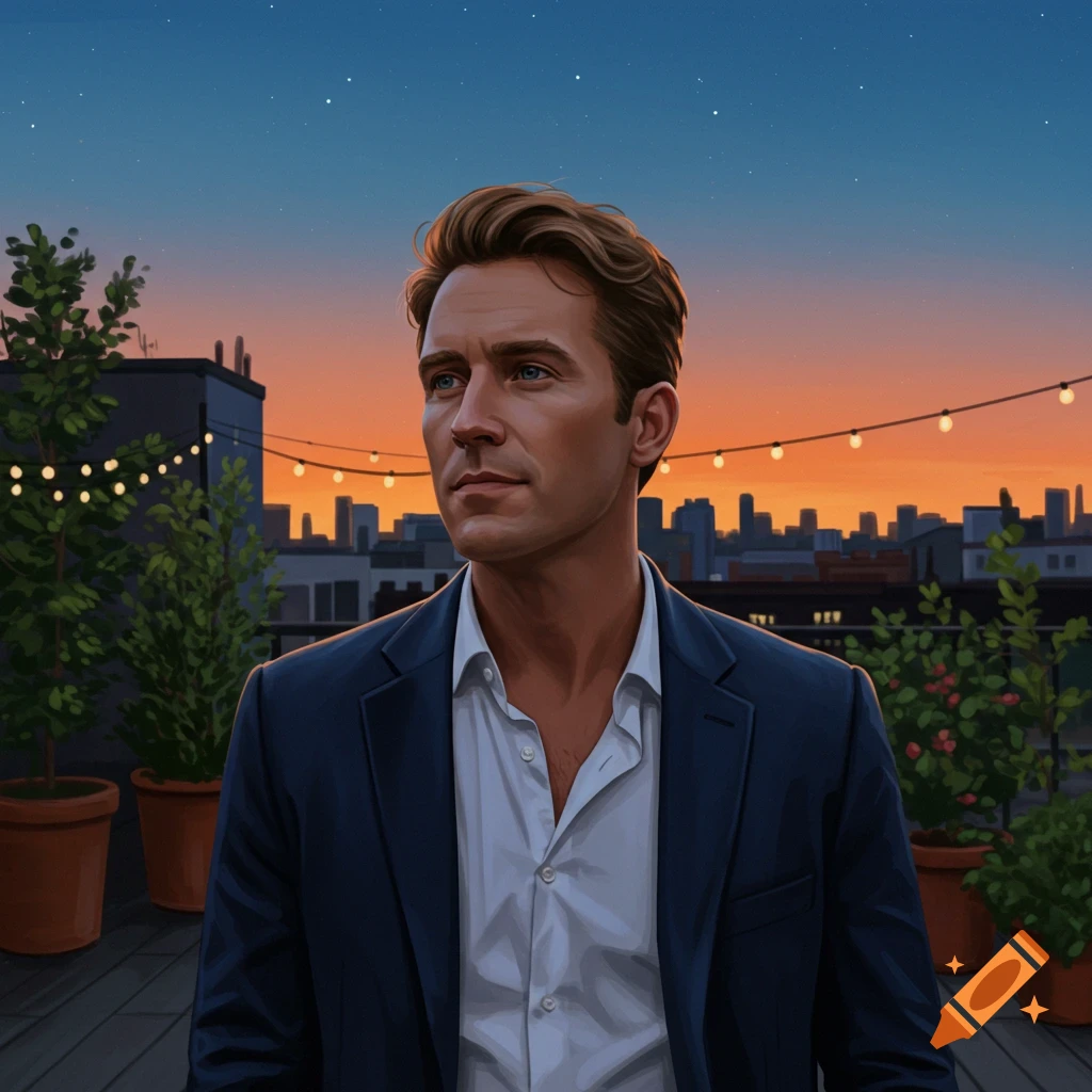 A man with blue eyes and brown hair stands on a city rooftop at sunset, with a skyline and string lights in the background.