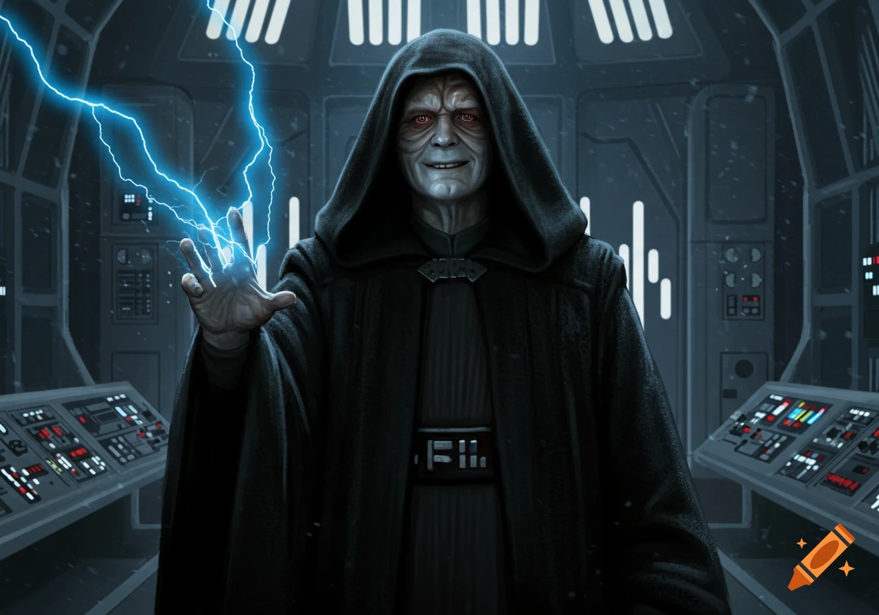 A sinister-looking Emperor Palpatine in a black hooded robe, casting blue force lightning from his hand in a dark, futuristic control room.