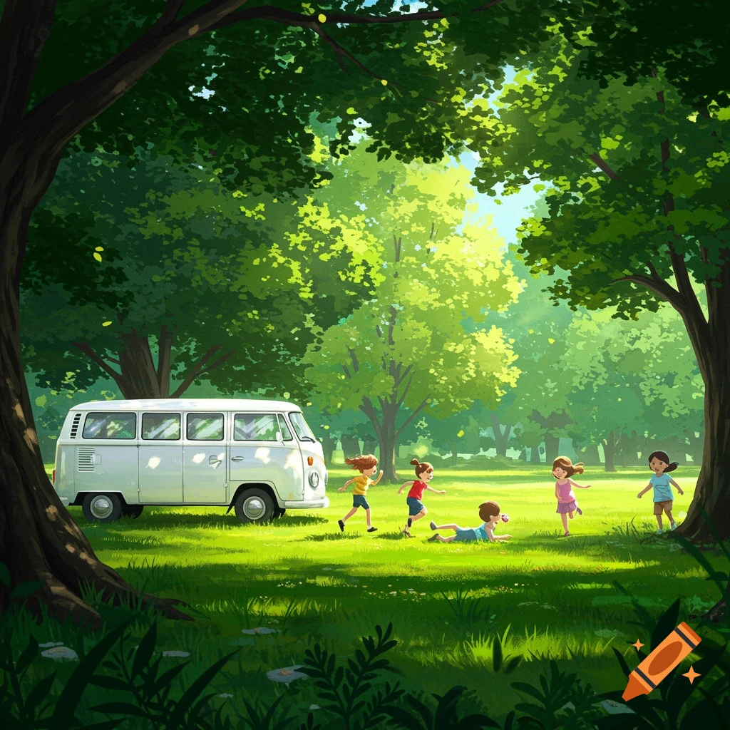 Illustration of children playing in a sunny, green park with a white van parked nearby, framed by large trees.