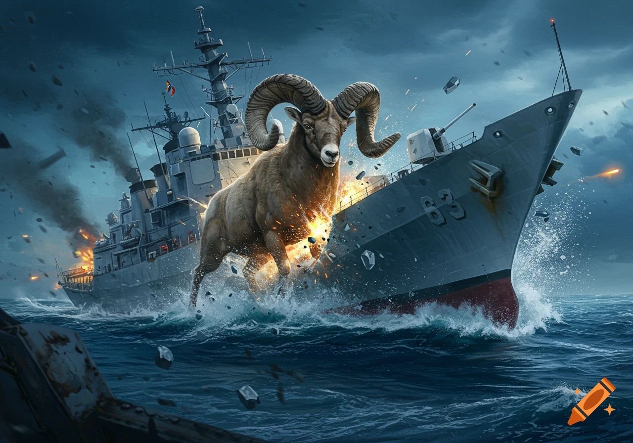 A massive horned ram charges and smashes the front of a modern warship on a stormy ocean, causing an explosion.