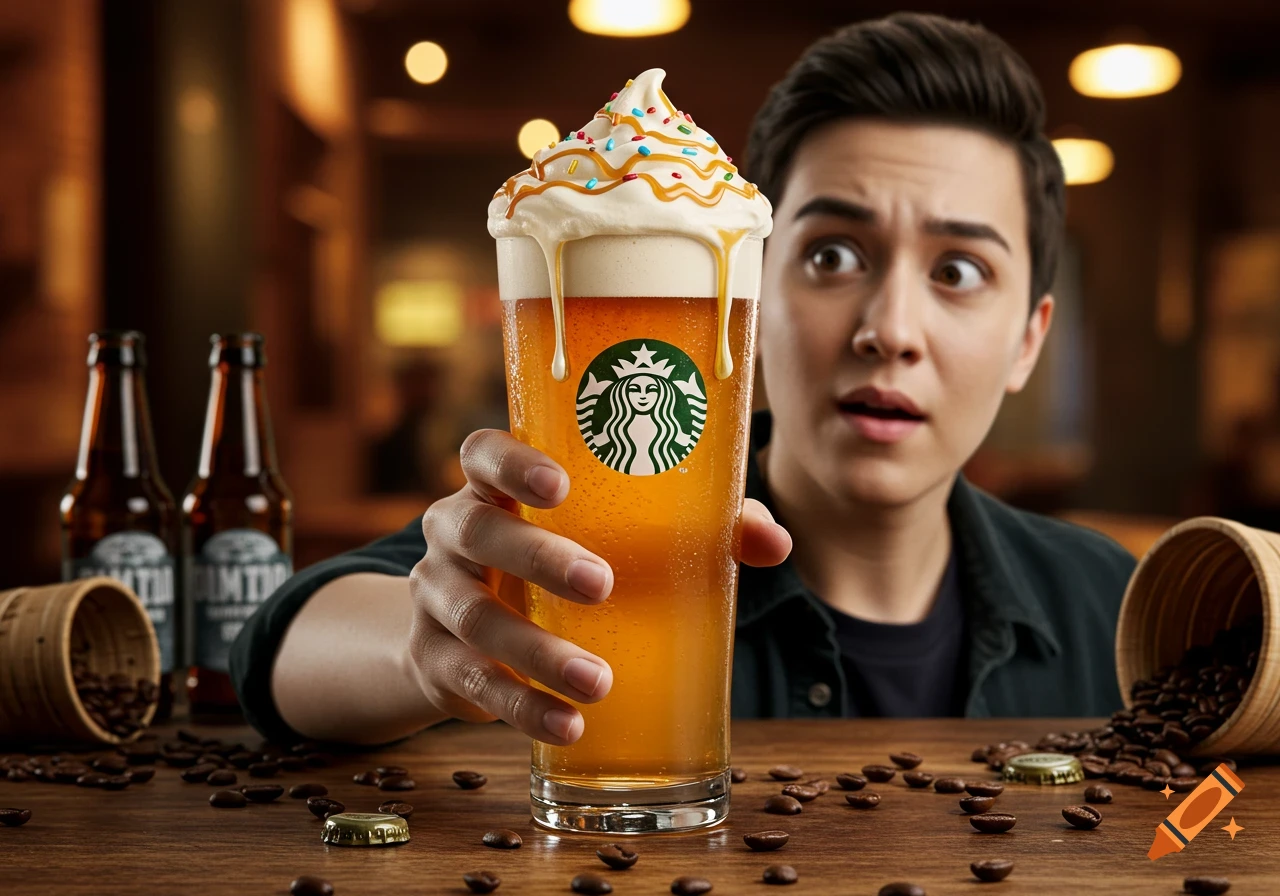 Surprised person holds a Starbucks-branded glass of beer topped with whipped cream, caramel, and sprinkles, with coffee beans on a wooden table. Photorealistic.