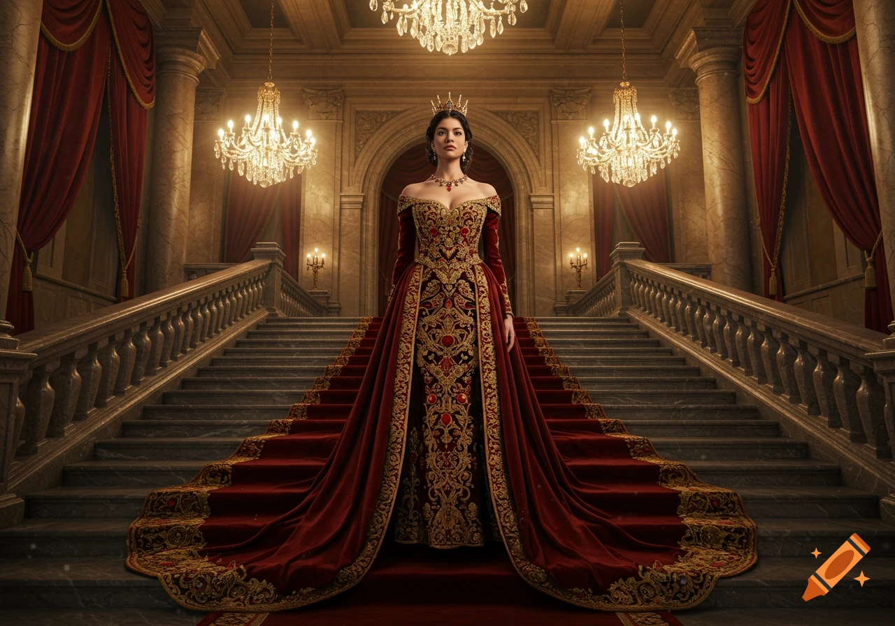 A queen in an opulent red and gold gown stands majestically on a grand staircase in a lavish palace hall with chandeliers. Photorealistic.