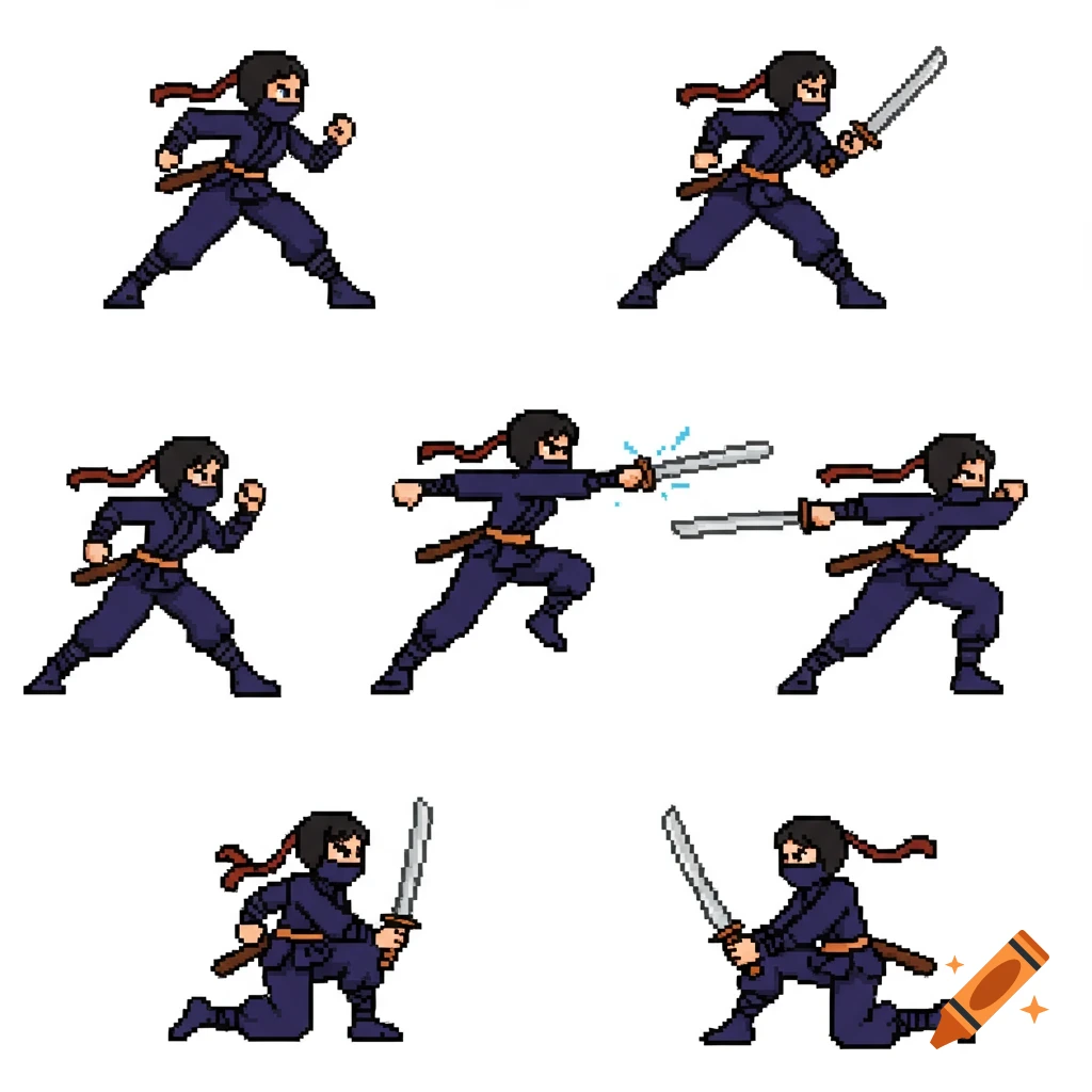 Pixel art sprite sheet of a female ninja in various action poses with a katana, retro 16-bit style.