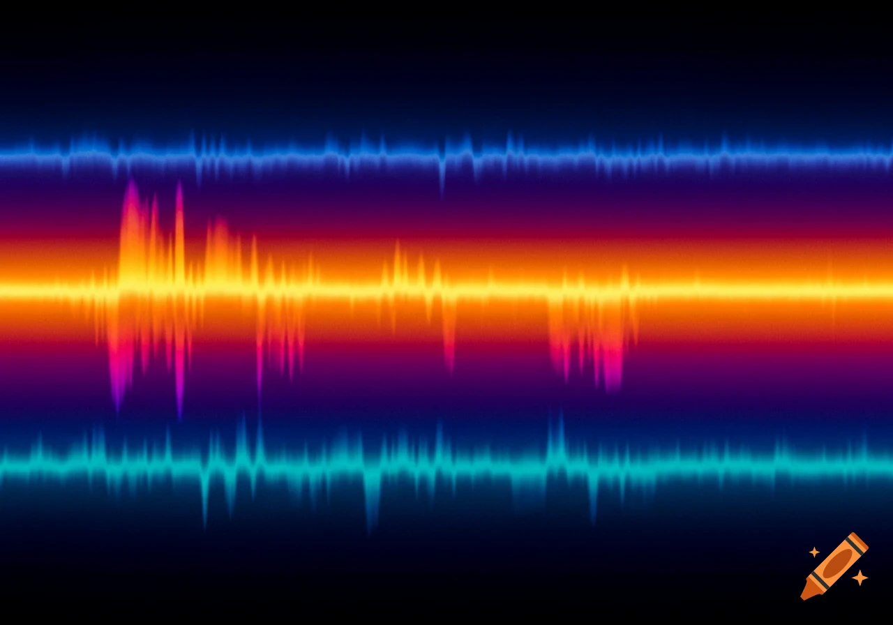 Colorful sound spectrogram showing blue, orange, and teal wave patterns on a dark background.
