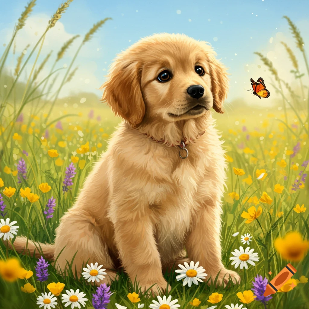 A cute golden retriever puppy sits in a field of colorful wildflowers, looking at a butterfly.