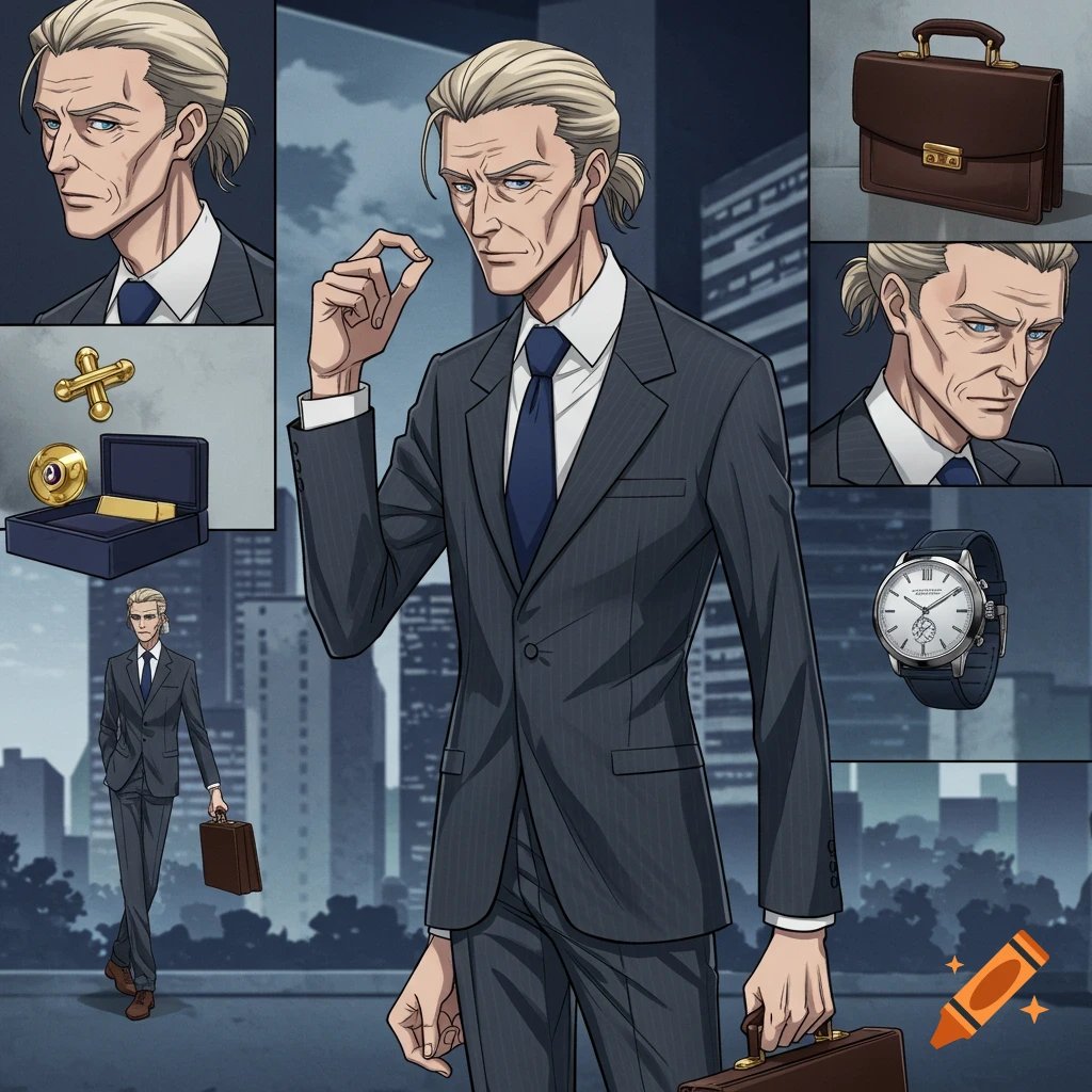 An anime character reference sheet of a gaunt businessman with blond hair tied in a ponytail, wearing a pinstripe suit, with close-ups of his face and accessories.