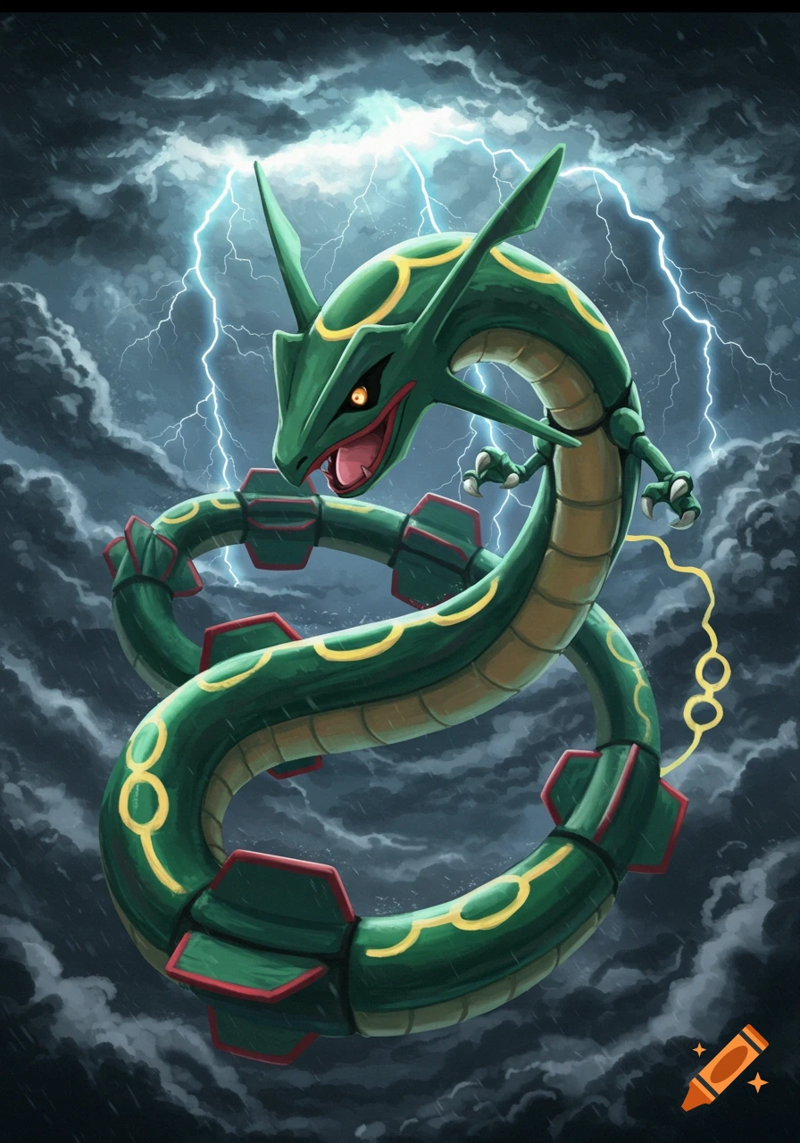 Rayquaza, a green serpentine Pokémon with red and yellow markings, coils in a stormy sky with bright lightning. Digital art style.