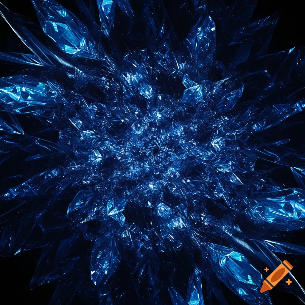 A vibrant blue abstract fractal composed of sharp, radiating crystal shards.